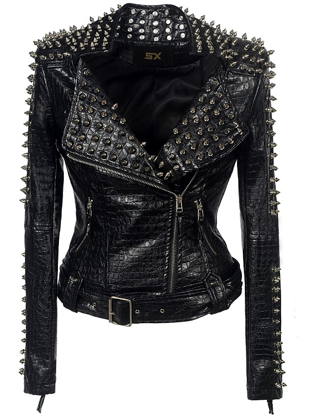  Women's Solid Colored Rivet Punk & Gothic Fall & Winter Faux Leather Jacket Short Club Long Sleeve PU Coat Tops Black