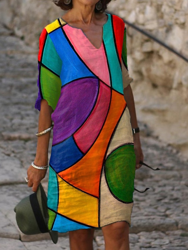  Dame Knelang kjole Skiftkjole Blå Regnbue Halvlange ermer Trykt mønster Fargeblokk Abstrakt V-hals Vår Sommer Fritid 2022 Løstsittende M L XL XXL 3XL