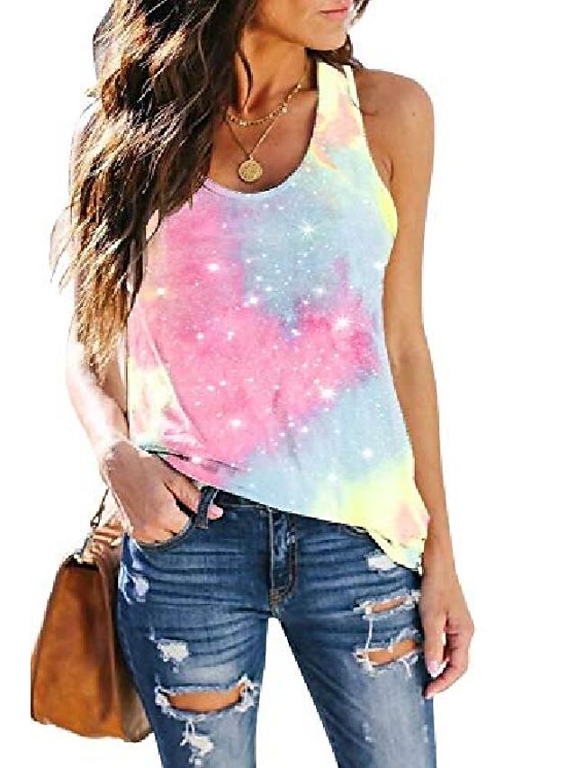  women& #39;s starry sky night 3d print tee shirt sleeveless loose fit yoga athletic workout tie-dyed tank tops