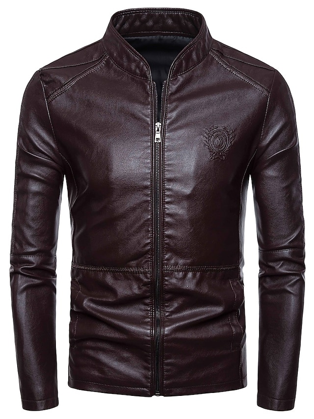  Men's Faux Leather Jacket Spring &  Fall Daily Short Coat Regular Fit Jacket Solid Colored Wine Black
