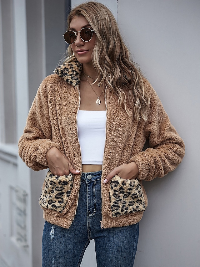  Women's Teddy Coat Fall & Winter Daily Regular Coat Regular Fit Basic Jacket Long Sleeve Patchwork Leopard Print Khaki