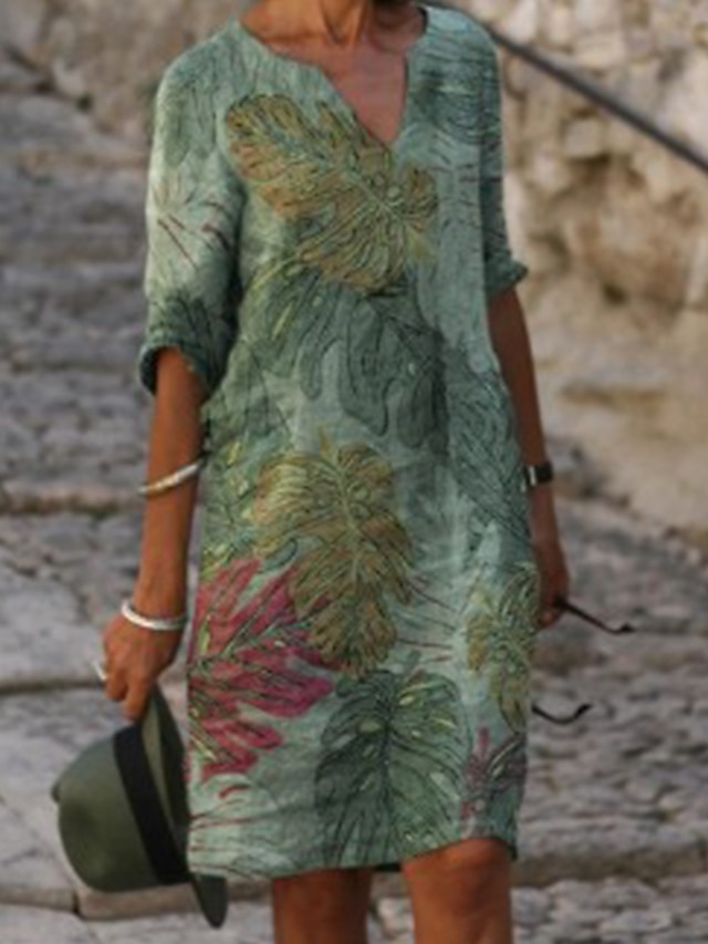  Femme Robe Droite Robe Longueur Genou Vert Demi Manches Feuille Imprimé Printemps Eté Col en V chaud Simple robes de vacances Ample 2021 M L XL XXL 3XL