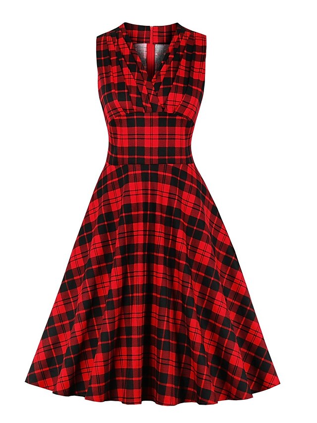  Women's A Line Dress Knee Length Dress Red Sleeveless Plaid Ruched Summer V Neck Casual 2021 S M L XL XXL