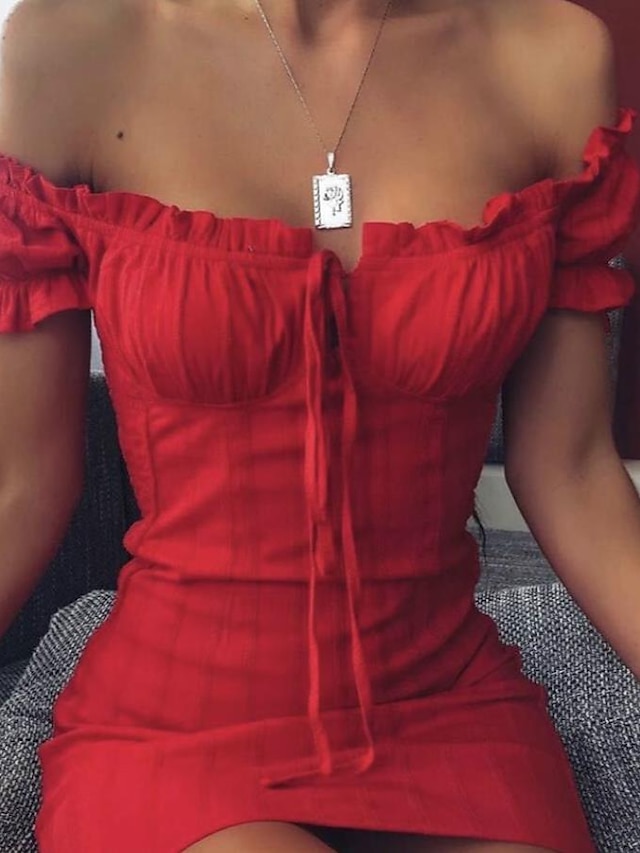  Mujer Mini vestido vestido de fiesta Vestido tubo Rojo Color puro Manga Corta Verano Primavera Retazos Sensual Hombros Caídos Delgado 2023 S M L XL