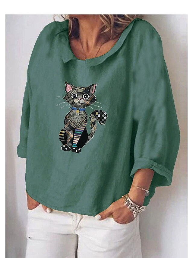  Dame Bluse Skjorte Katt Trykt mønster Skjortekrage Topper Grunnleggende Grunnleggende topp Blå Lilla Grønn