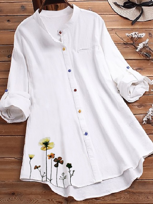  Women's Blouse Shirt Long Sleeve Floral Solid Colored Flower Shirt Collar Tops Blue Green White