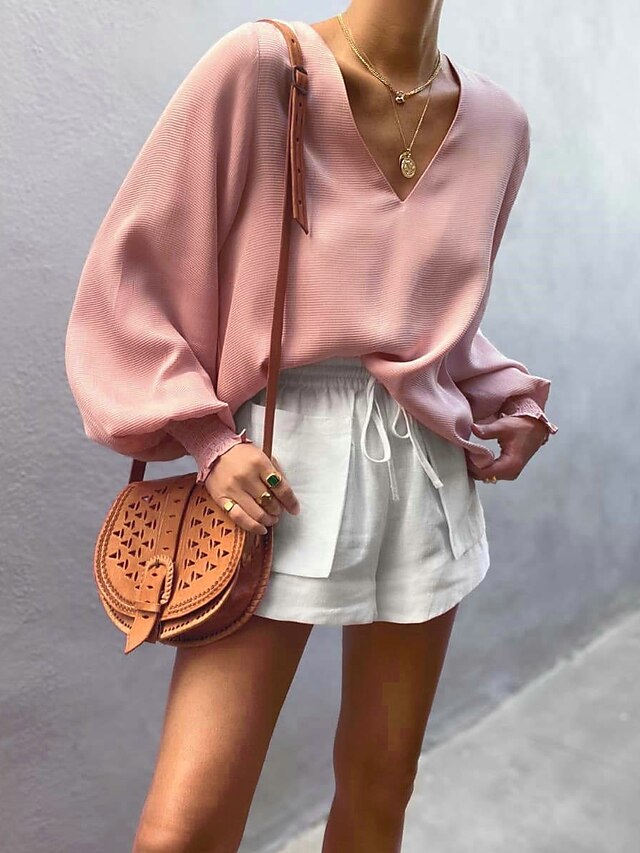  Women's Pullover Plain Solid Colored Basic Long Sleeve Sweater Cardigans Summer V Neck Blushing Pink