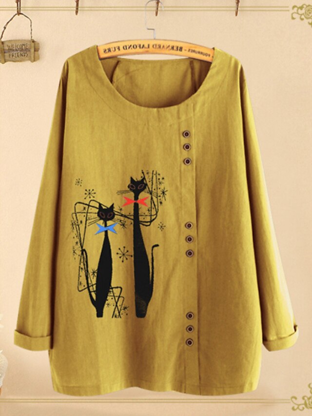  Women's Blouse Shirt Cat Long Sleeve Round Neck Tops Yellow Navy Blue