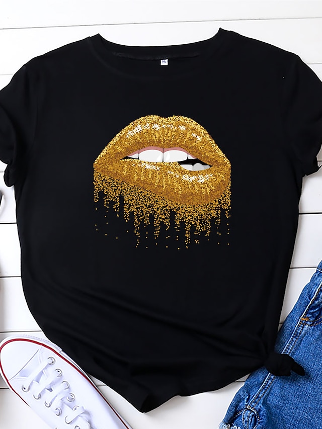  Women's T shirt Mouth Print Round Neck Basic Tops 100% Cotton White Black Yellow