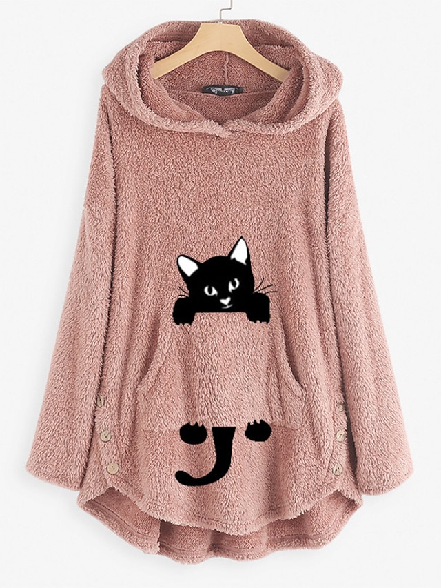  Women's Cat Animal Hoodie Teddy Coat Front Pocket Daily Basic Cute Hoodies Sweatshirts  Loose Long Black Gray Wine