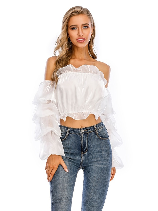  Women's Blouse Shirt Solid Colored Long Sleeve Ruffle Patchwork Off Shoulder Sexy Tops White
