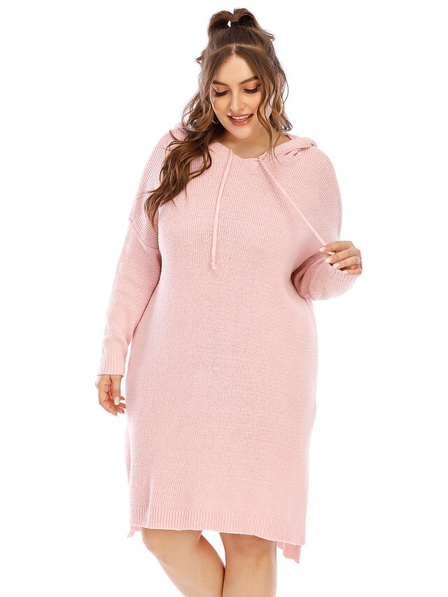  Women's Sweater Jumper Dress Knee Length Dress Blushing Pink Long Sleeve Solid Color Fall Winter Hooded Casual Going out 2021 XL XXL 3XL / Plus Size