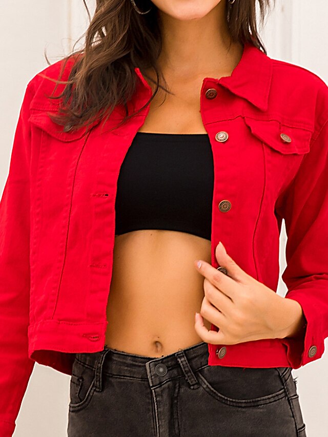  Mulheres Sólido Básico Outono & inverno Jaqueta jeans Padrão Diário Manga Longa Algodão Casaco Blusas Vermelho