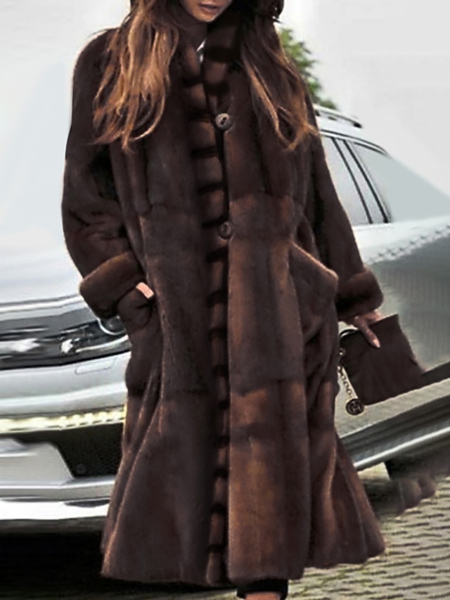  Women's Faux Fur Coat Fall Winter Party Daily Outdoor clothing Long Coat Stand Collar Warm Loose Basic Elegant & Luxurious Jacket Long Sleeve Pocket Solid Colored Brown