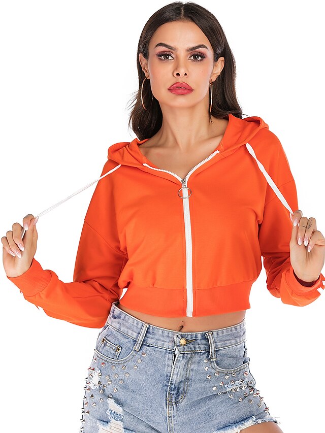  Women's Daily Hoodie Solid Colored Basic Streetwear Hoodies Sweatshirts  Cotton Orange