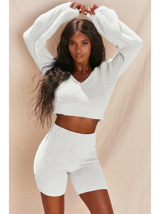  Women's Basic Solid Colored Causal Holiday Two Piece Set Crop Top Hoodie Tracksuit Pant Loungewear Biker Shorts Tops