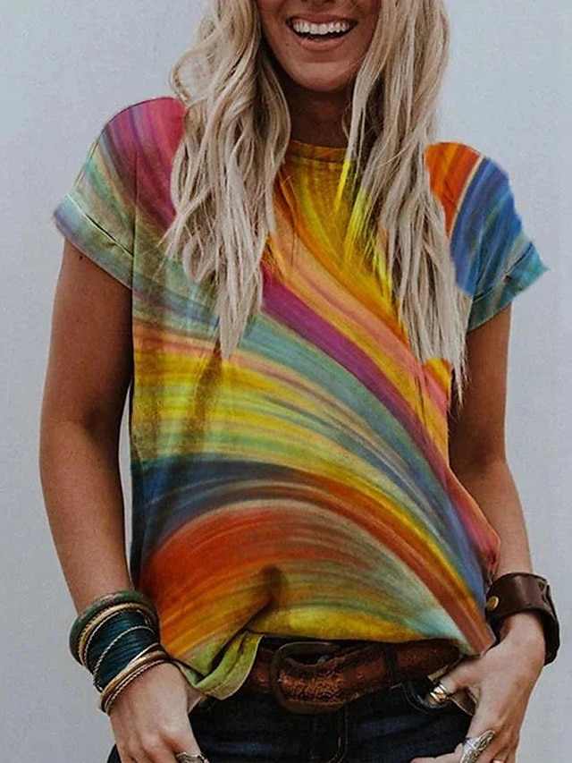  Women's Blouse Shirt Graphic Prints Round Neck Print Basic Tops Loose Yellow Green Rainbow