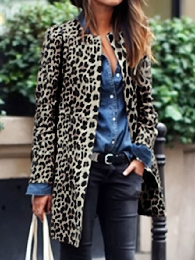  Mulheres Casaco Estampado Leopardo Elegante & Luxuoso Diário Casaco Longo Poliéster Marron Outono Inverno Decote Redondo Normal M L XL XXL 3XL 4XL