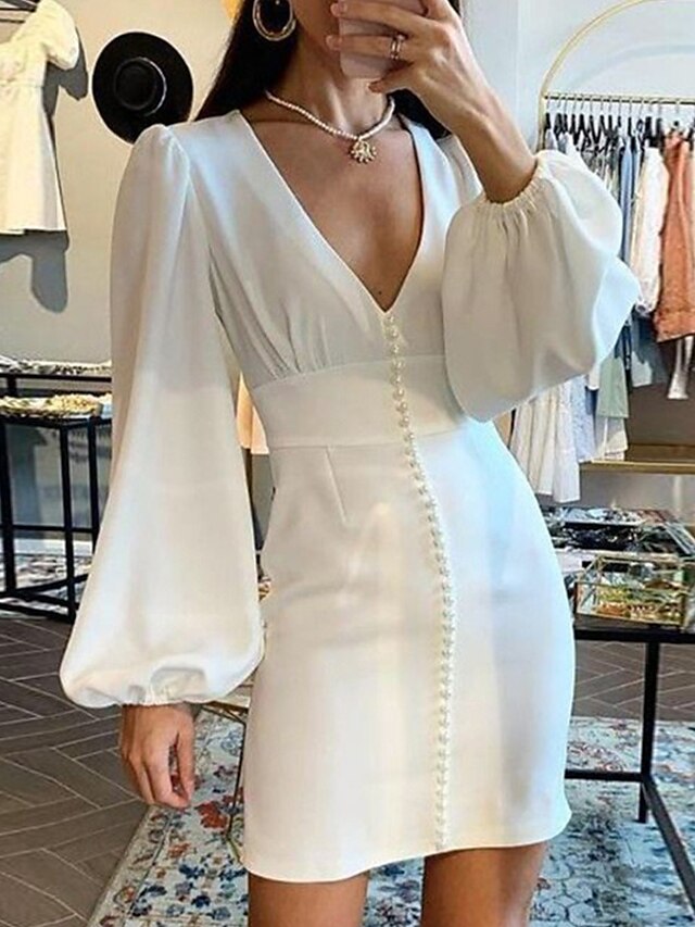  Women's Short Mini Dress Shift Dress White Long Sleeve V Neck Fall Spring Hot Sexy Lantern Sleeve 2022 Slim S M L XL / Summer
