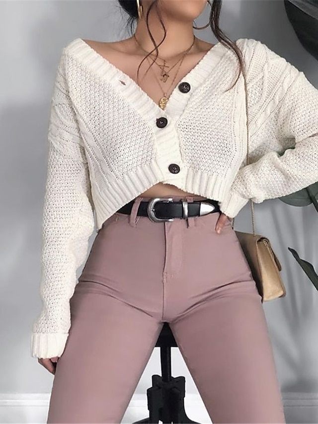  Women's Cardigan Plain Solid Color Knitted Acrylic Fibers Basic Long Sleeve Loose Sweater Cardigans Fall Spring V Neck Blushing Pink Khaki White
