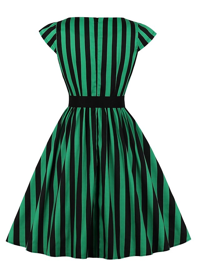  Women's Swing Dress Knee Length Dress Green Short Sleeve Striped Spring Summer Hot Casual Cotton 2021 S M L XL XXL 3XL 4XL