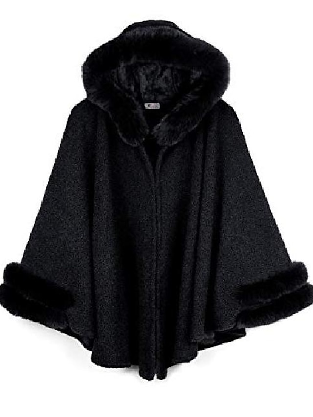  capa poncho feminina de inverno com acabamento em pele sintética& forro de lã, preto