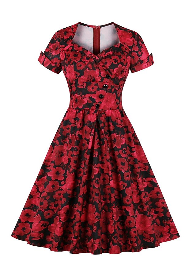  Damen Schaukelkleid Knielanges Kleid Rote Kurzarm Blumen Frühling Sommer heiß Freizeit 2021 S M L XL XXL