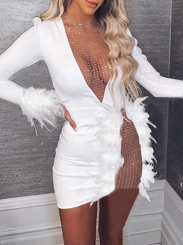  Women's Short Mini Dress Feather Dress White Black Long Sleeve Feather Pure Color Deep V Fall Winter Party Hot Sexy 2022 S M L XL