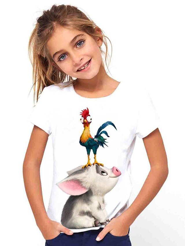  Infantil Para Meninas Camisa Camiseta Manga Curta Animal Estampado Branco Crianças Blusas Verão Básico Férias