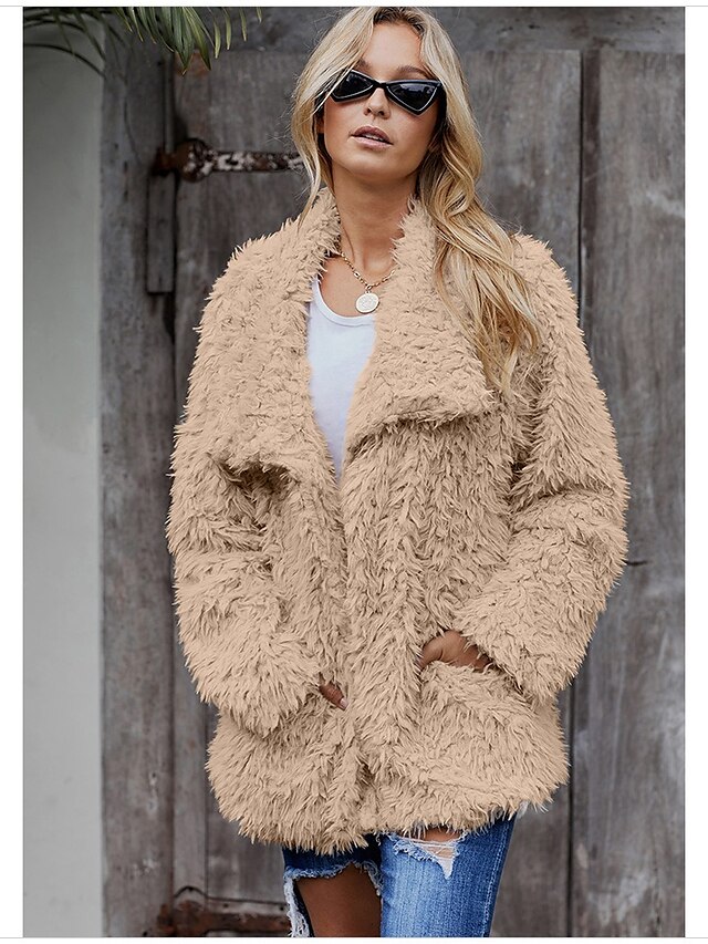  Women's Solid Colored Fur Trim Basic Fall & Winter Teddy Coat Regular Daily Long Sleeve Polyester Coat Tops Khaki
