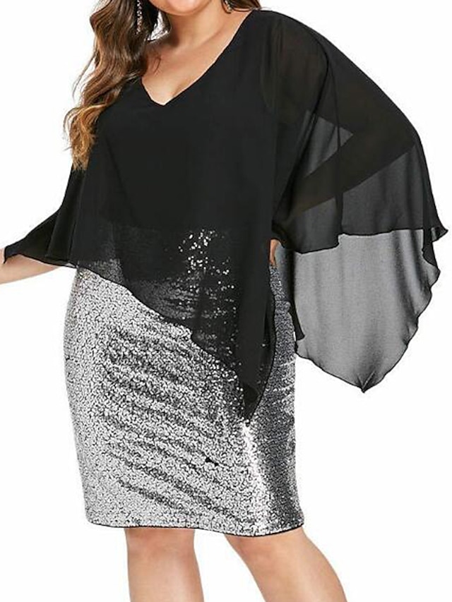  Women's Bodycon Short Mini Dress Black 3/4 Length Sleeve Solid Colored Color Block Sequins Patchwork Deep V Elegant Chiffon Slim XL XXL 3XL 4XL 5XL / Plus Size / Plus Size