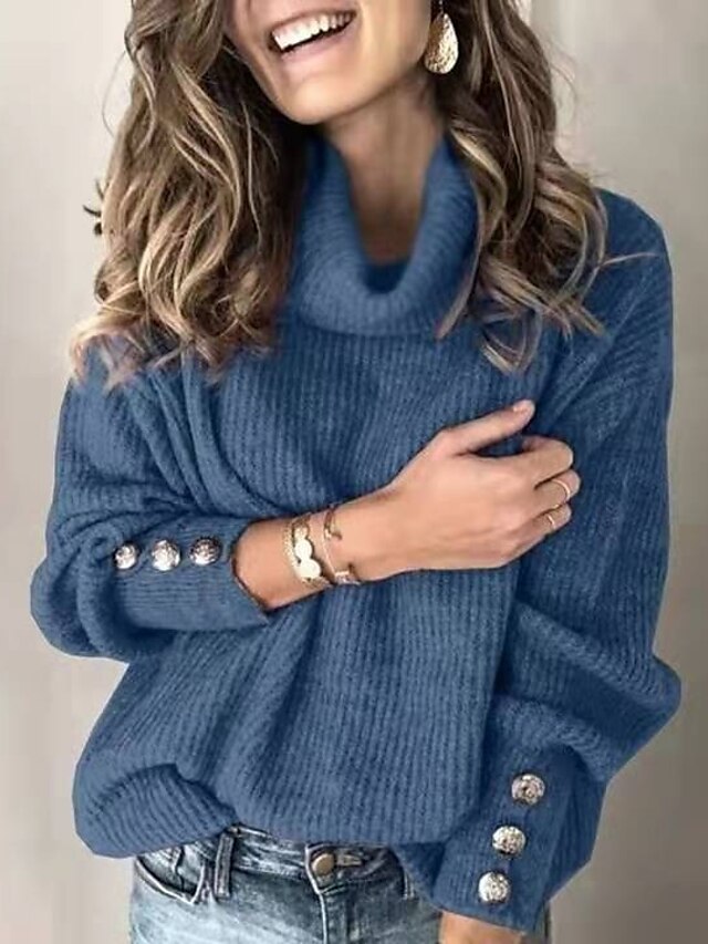  Women's Pullover Plain Solid Color Knitted Cotton Basic Long Sleeve Sweater Cardigans Fall Winter Turtleneck Light Yellow Purple collar Blue