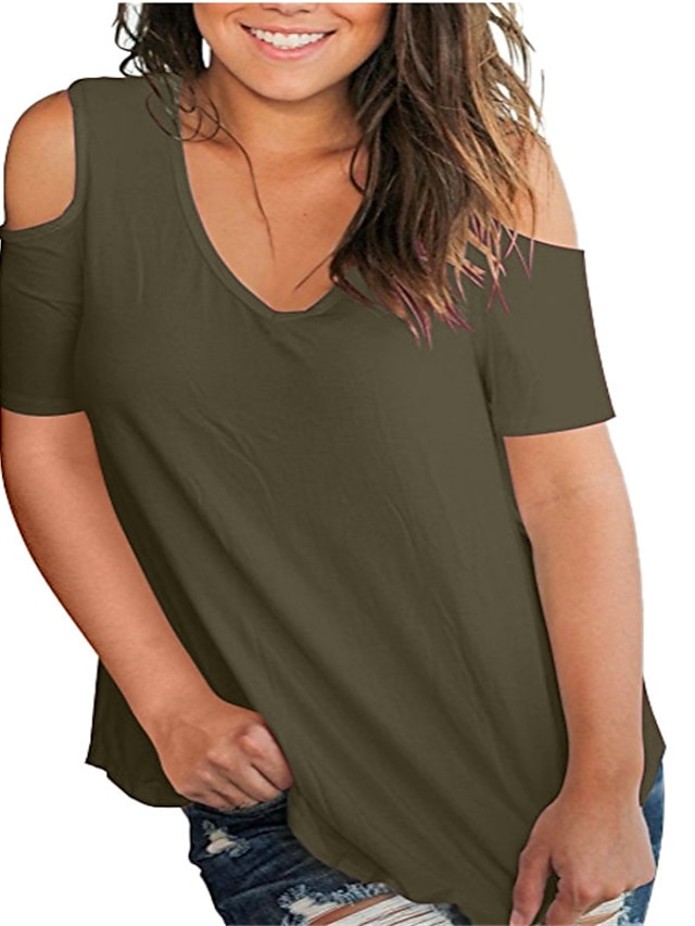  Women's Blouse Shirt Solid Color Flowing tunic V Neck Basic Tops Cotton Lake blue Wine ArmyGreen