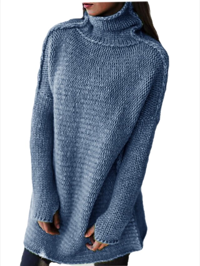  Women's Pullover Plain Solid Colored Knitted Acrylic Fibers Basic Long Sleeve Sweater Cardigans Fall Turtleneck Blue Gray Green