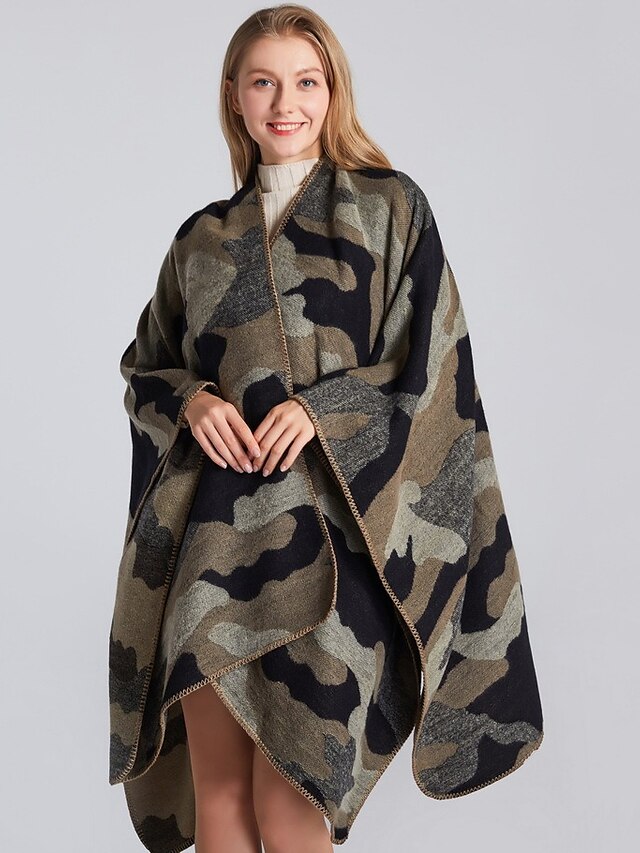  Women's Camo / Camouflage Jacquard Basic Spring Cloak / Capes Regular Daily Acrylic Coat Tops Black