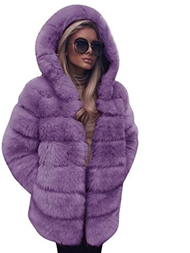  hooded coats for women warm winter faux fur cardigan jackets luxury hoodies plush overcoat(purple,large)