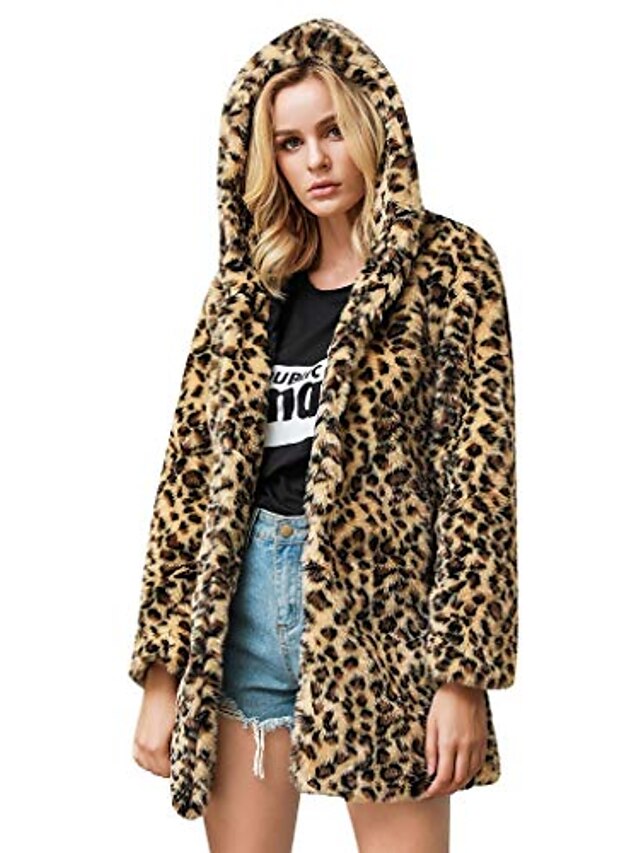  Damen Leopard Kunstpelz Mantel Langarm Parka Jacke Outwear Winter warm Reißverschluss Kapuzenmantel mit Tasche Khaki