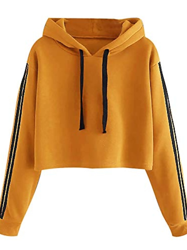  womens hoodie cropped shirt long sleeve sport solid color round neck sweatshirt blouse tops (l, yellow)