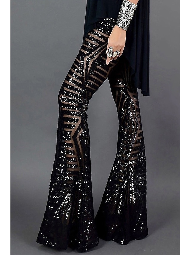  Women's Basic Glamorous & Dramatic Quick Dry Loose Party & Evening Club Wide Leg Pants Patterned Full Length Sequins Novelty High Waist Light Brown