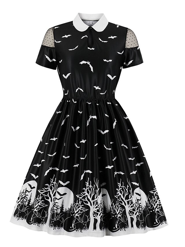  Women's Halloween A Line Dress Knee Length Dress Black Short Sleeve Bat Print Spring Summer Vintage 2021 S M L XL XXL