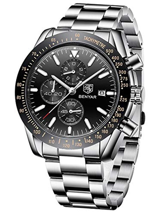  BENYAR Quartz Watch for Men Scratch Resistant Analog Wristwatch Calendar Chronograph Tachymetre Waterproof Stainless Steel Watch Male Clock