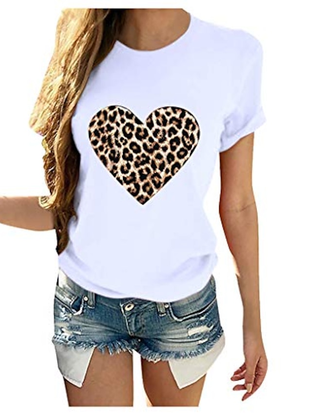 Women's T shirt Tee 100% Cotton Leopard Heart Cheetah Print White Print Short Sleeve Casual Daily Basic Round Neck Regular Fit