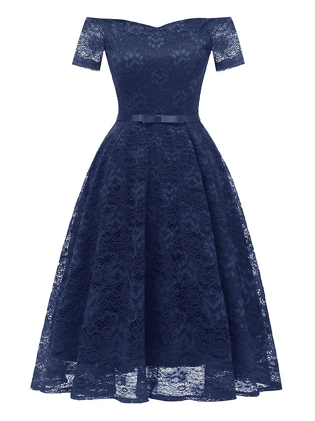  Mujer Vestido de una línea Mini vestido corto Azul Marino Manga Corta Color sólido Encaje Lazo Verano Hombros Caídos caliente Sensual 2021 S M L XL XXL