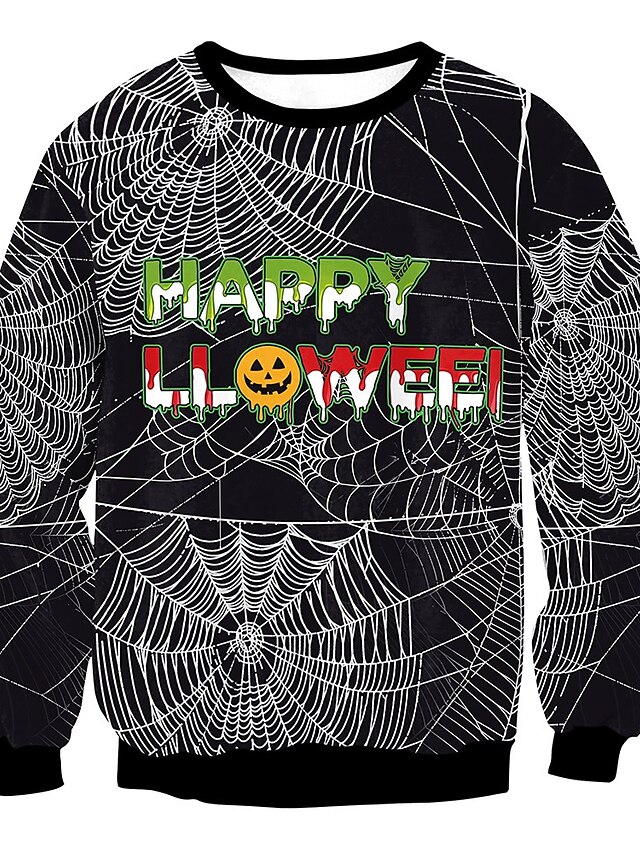  Dame Herre Pullover-sweatshirt Trykt mønster Rund hals Halloween Halloween Hættetrøjer Sweatshirts Sort