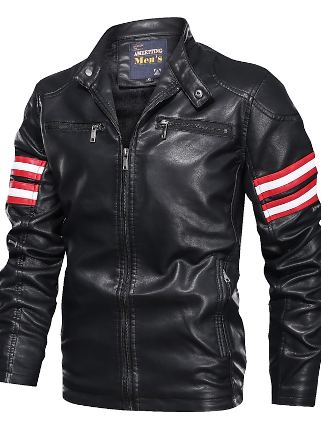  Men's Faux Leather Jacket Fall & Winter Daily Regular Coat Regular Fit Basic Jacket Long Sleeve Letter Blue Black Red