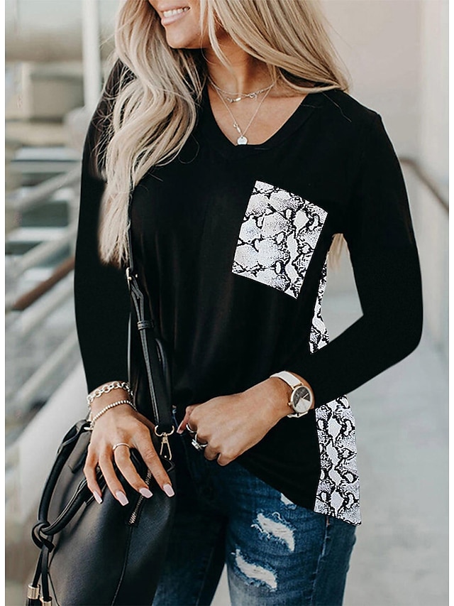  Women's Tunic Abstract Long Sleeve Print Round Neck Tops Basic Basic Top White Black Red