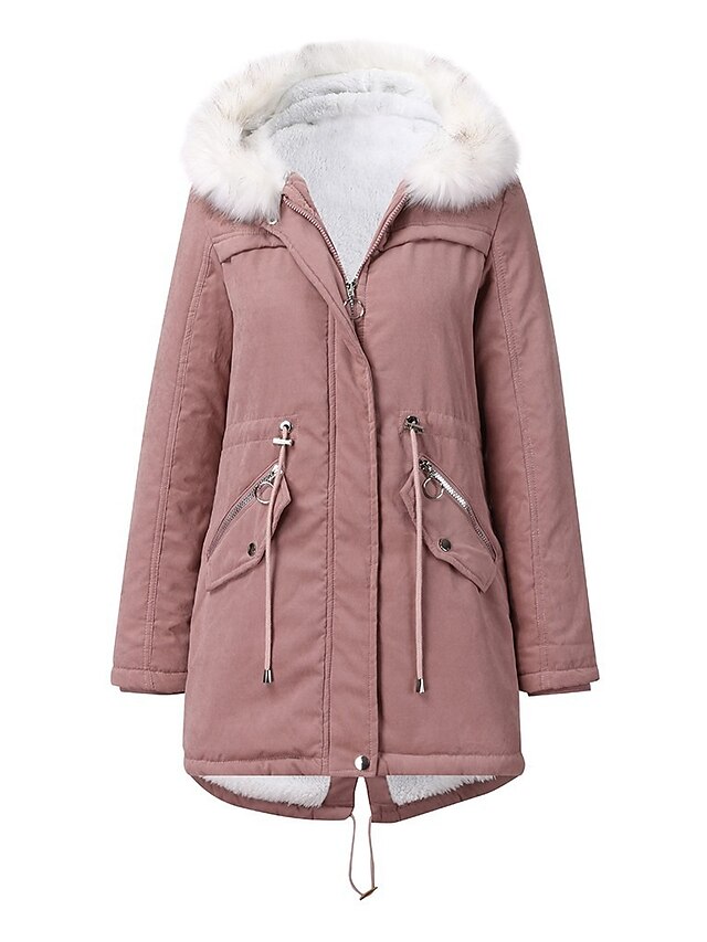  Women's Coat Fall & Winter Daily Long Coat Regular Fit Basic Jacket Long Sleeve Fur Trim Solid Colored Blushing Pink Wine Gray