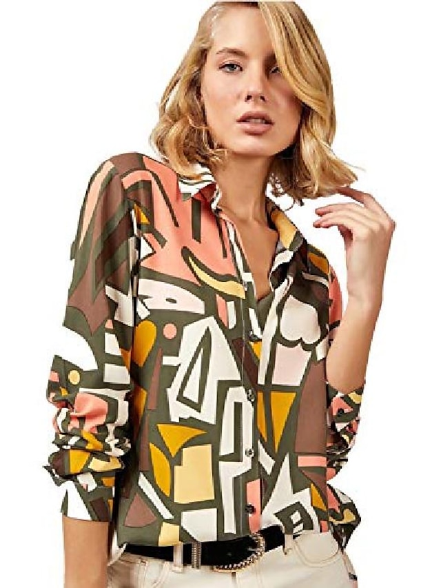  Damen Bluse Hemd Geometrische Muster Langarm Hemdkragen Oberteile Freizeit Basic Top Regenbogen Grün