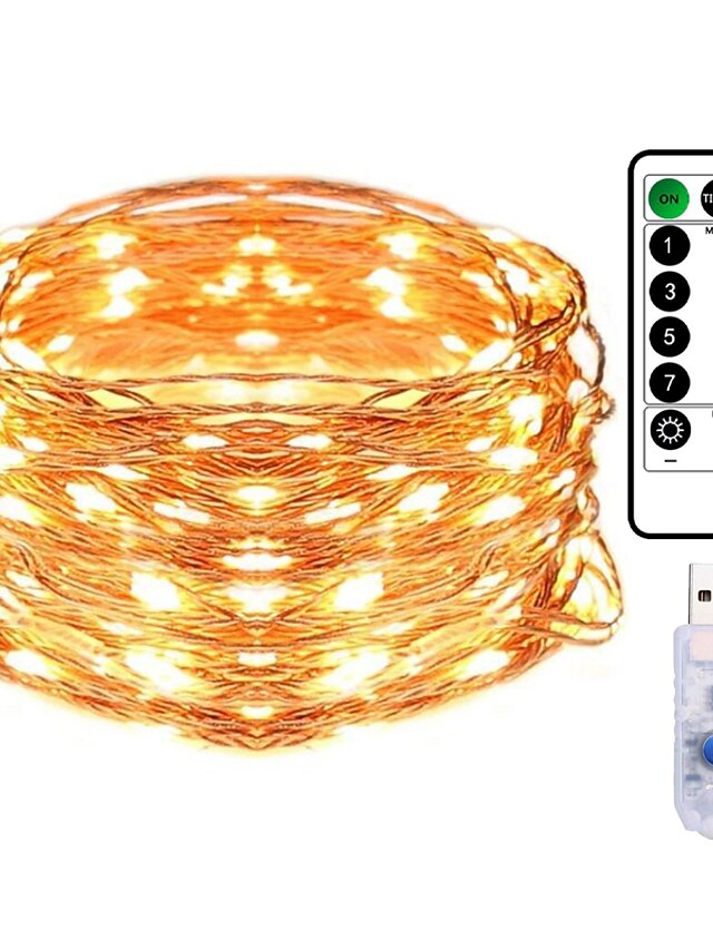  10M 100LED Copper Wire String Lights Outdoor String Lights USB Plug-in Fairy Lights With Remote 8 Modes Lights Waterproof Remote Control Timer Christmas Wedding Birthday Family Party Room Valentine‘s