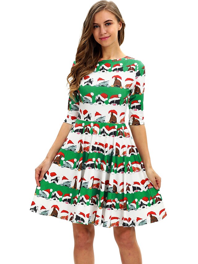  Women's A Line Dress Knee Length Dress White Red Green 3/4 Length Sleeve Animal Print Fall Round Neck Casual 2021 S M L XL